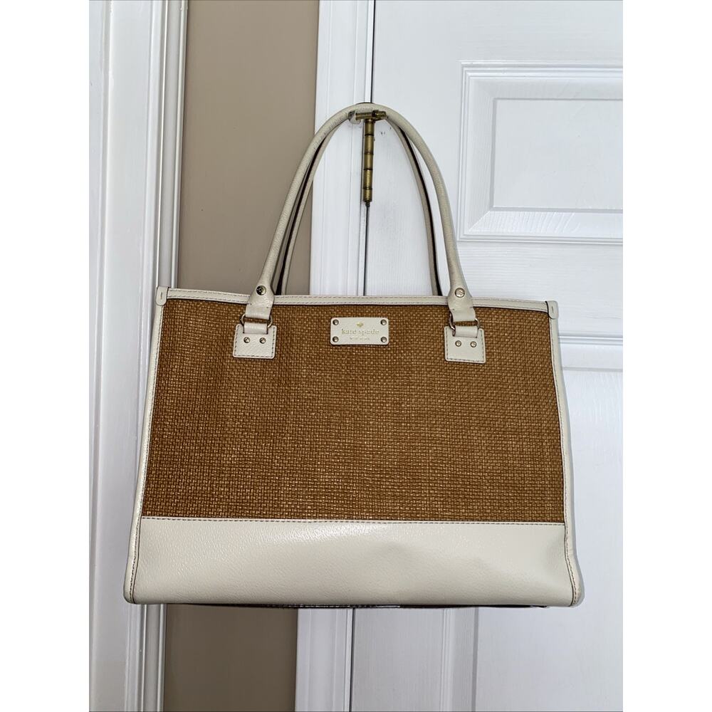 KATE SPADE Ivory Leather & Straw Satchel Raffia Large Shoulder Bag Purse